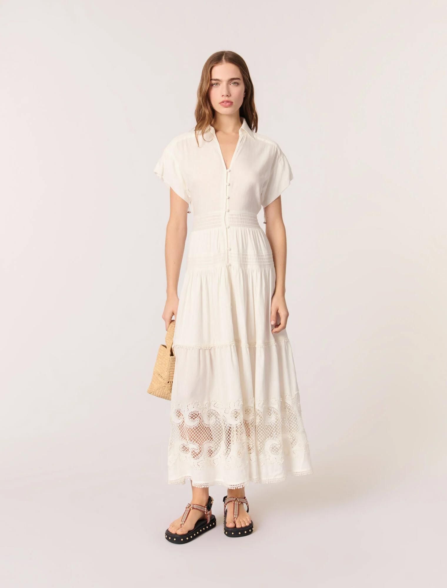 Vestido largo bordado con volantes de Maje.