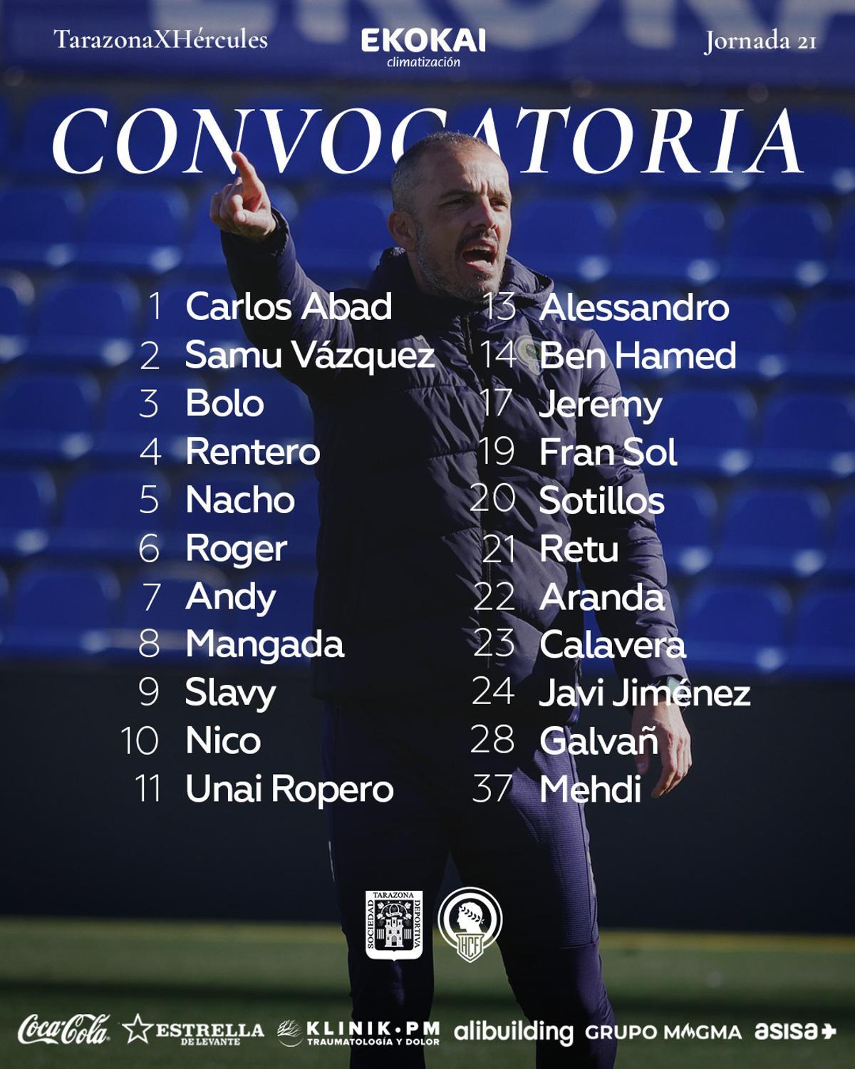 La lista de los 22 convocados por Beto Company para el partido en Tarazona.