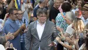 L’expresident i líder de Junts, Carles Puigdemont, ahir en un acte de partit als Banys d’Arles i Palaldà (Vallespir). | DAVID BORRAT / EFE