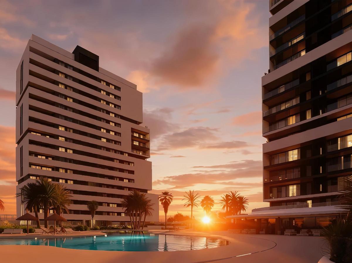La promoción consta de 174 exclusivas viviendas distribuidas en dos torres y una piscina con efecto playa.