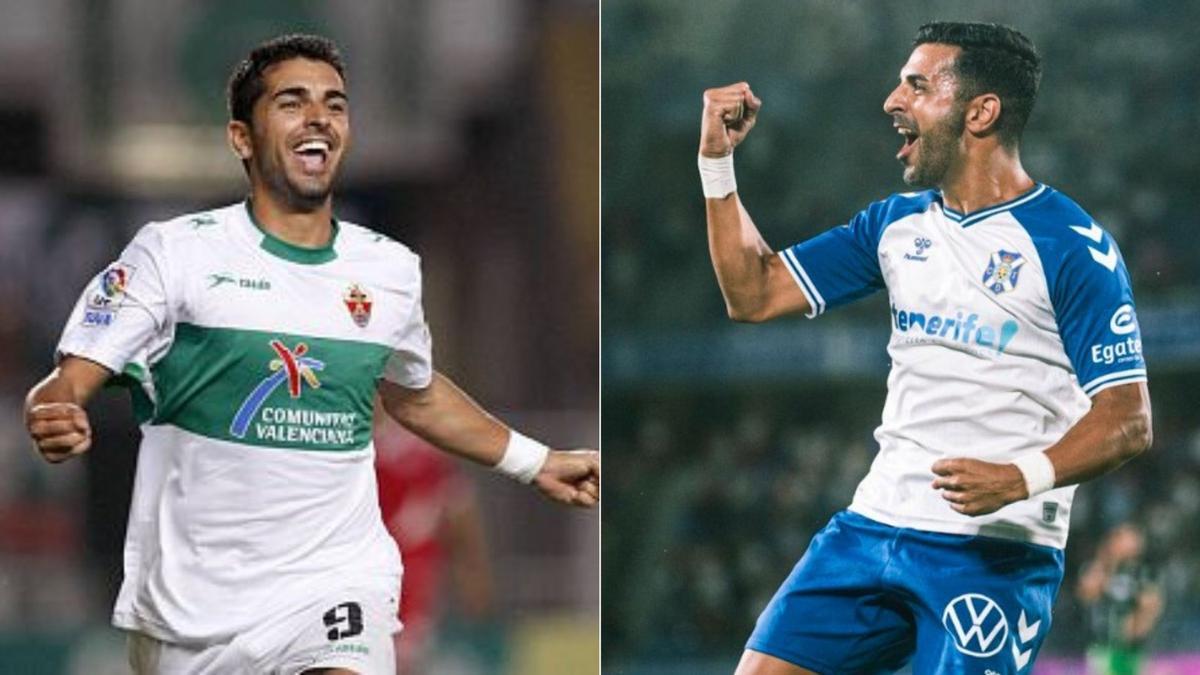 Ángel celebra un gol con el Elche y otro con el Tenerife