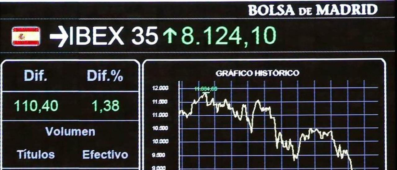 Un cámara de televisión toma imágenes, el pasado jueves, en la Bolsa de Madrid de la evolución del índice español Ibex 35 en el último año. efe