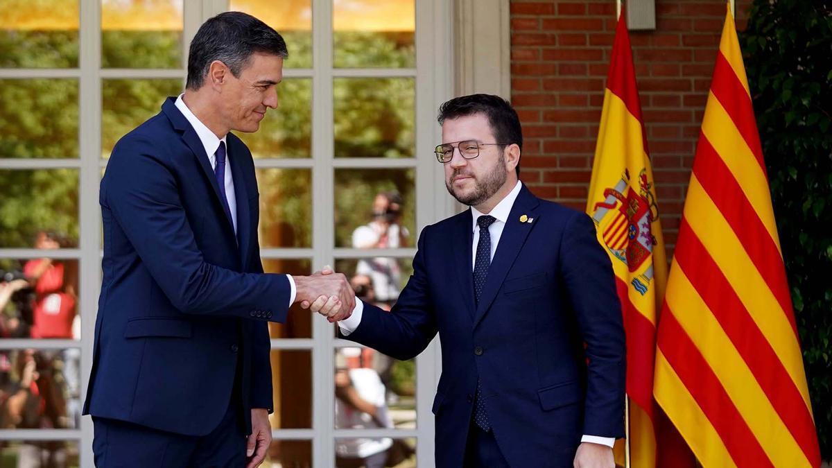 DAVID CASTRO MADRID 15-07-2022 Pedro Sánchez y Pere Aragonés durante la reunión que mantuvieron esta mañana en el Palacio de la Moncloa .