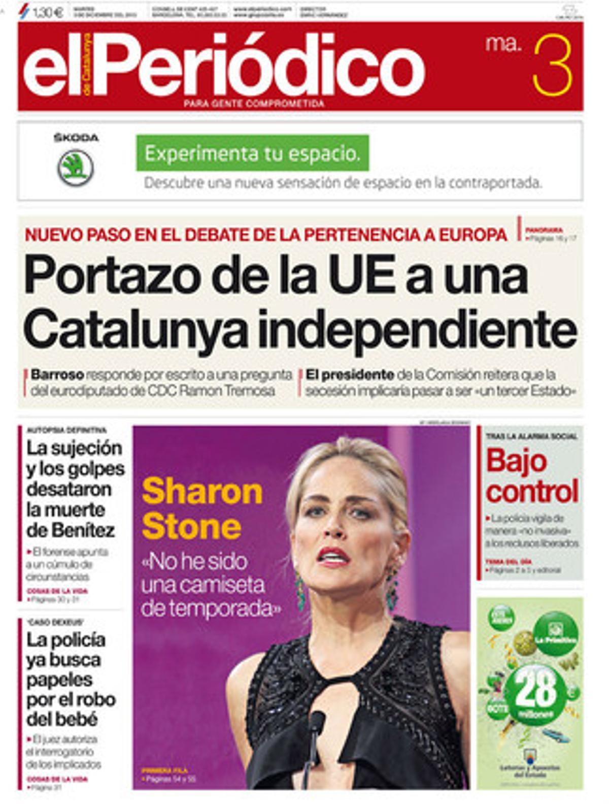 Portada de l’edició d’EL PERIÓDICO DE CATALUNYA del 3 de desembre.