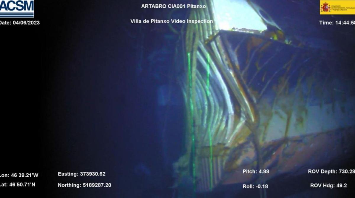 Casco deformado del 
«Pitanxo» por la implosión 
de un tanque de gasoil no 
declarado, según la Ciaim.
 |  Ciaim