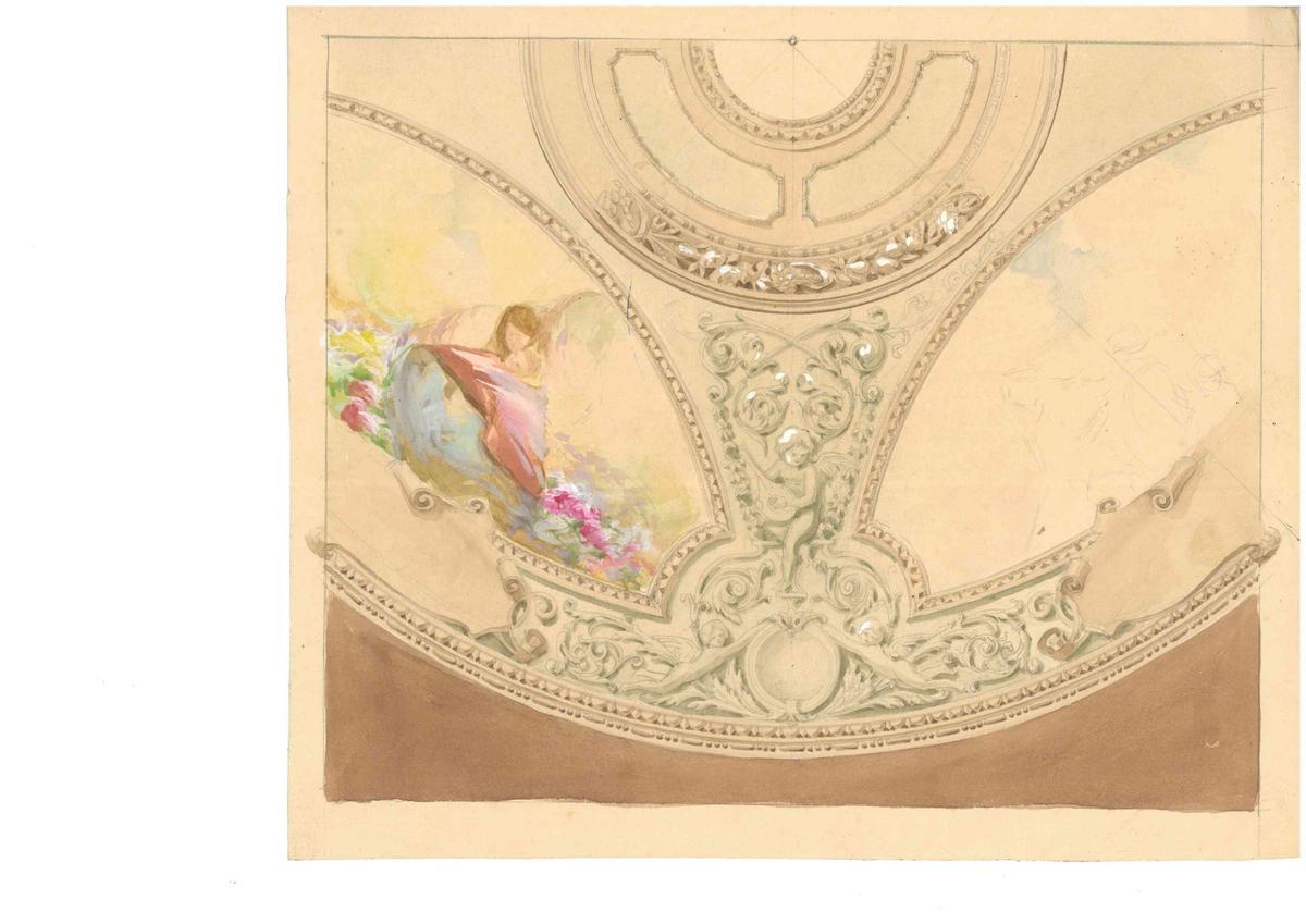 Diseño encontrado de A.Carceller con un dibujo de un techo circular de yeso con policromías y motivos pintados con acuarela