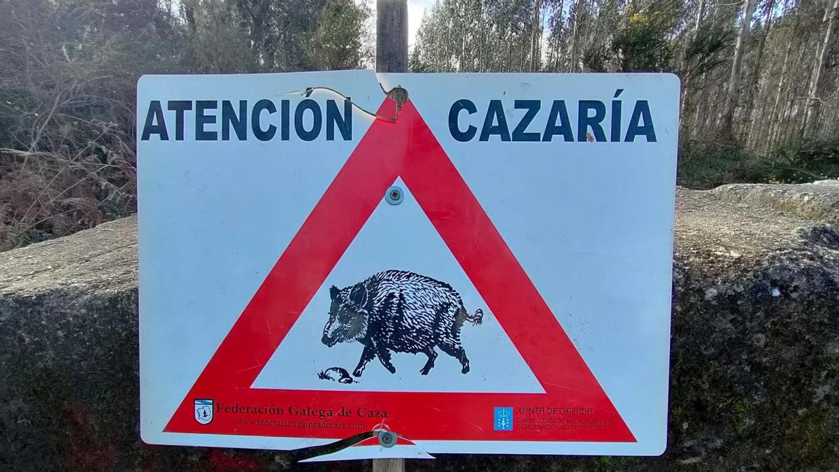 Cartel informativo de una batida de jabalí cerca de Santiago.