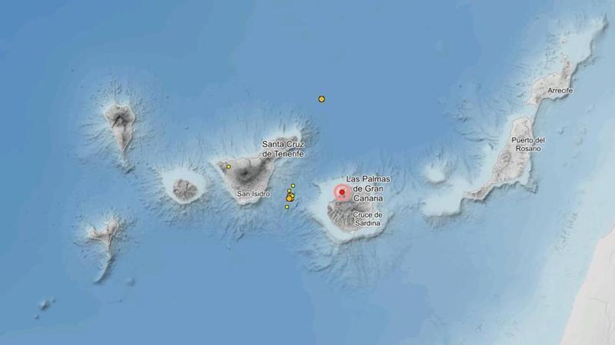 Mapa con los terremotos registrados este sábado.