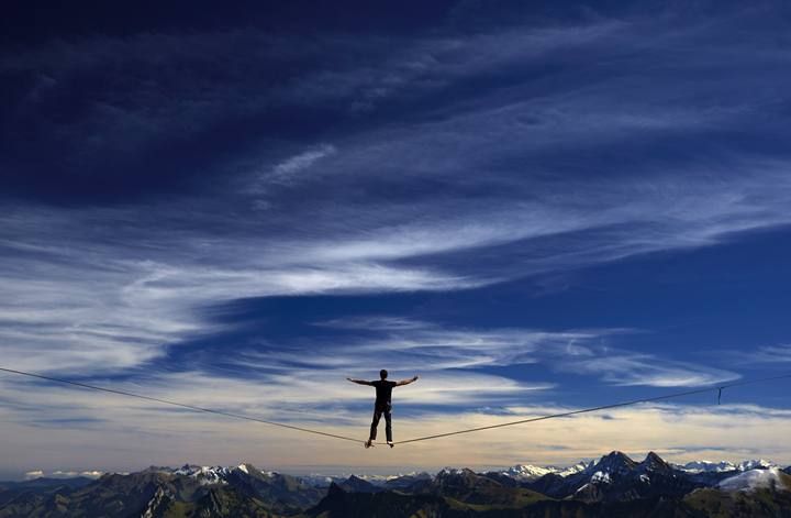 Rolland of France stands on the line during the Highline Extreme event in Moleson