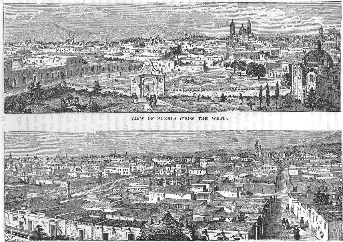 Puebla de los Ángeles vista desde el oeste y el este, siglo XIX