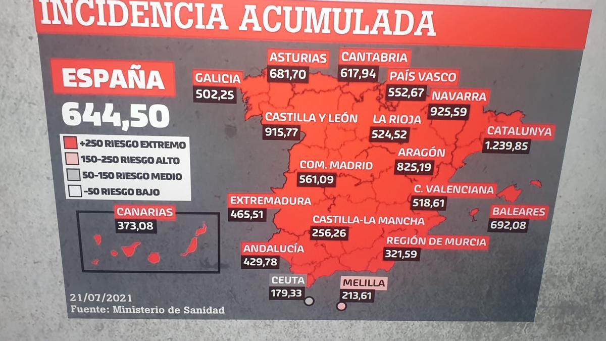 Incidencia acumulada en España a 21 de julio de 2021