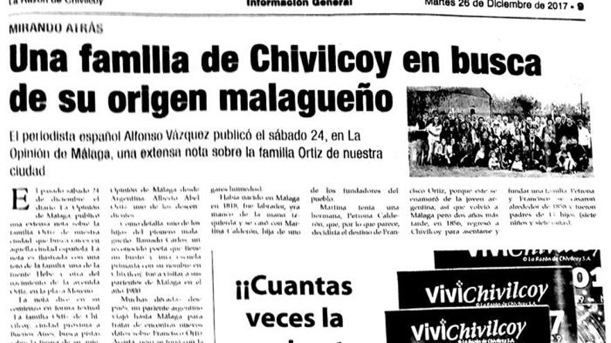 Edición de papel de La Razón de Chivilcoy, con la noticia sobre la familia Ortiz.