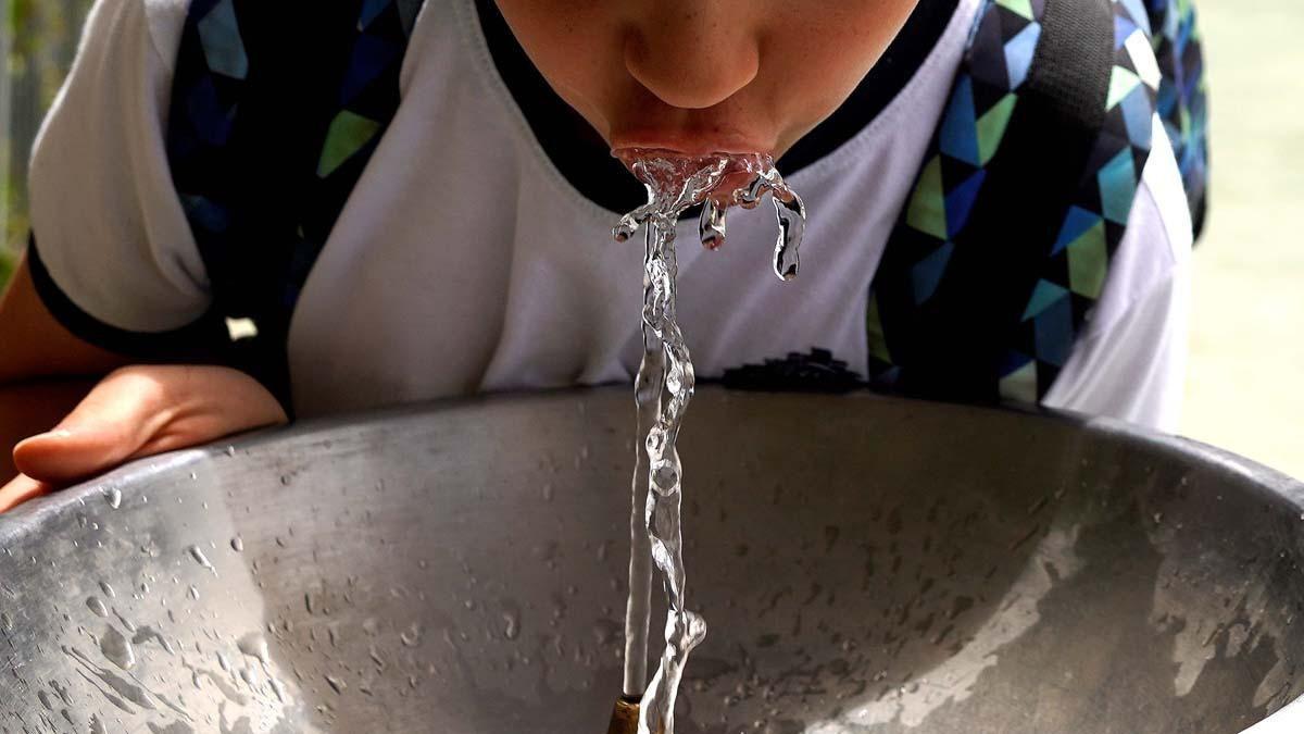 Un niño bebe agua en una fuente de su cole, en Madrid.