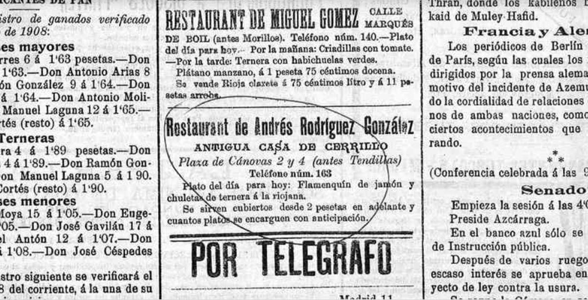 Anuncio de la Antigua Casa de Cerrillo ofreciendo flamenquín como plato del día en 1908 en el Diario de Córdoba de comercio, industria, administración, noticias y avisos.