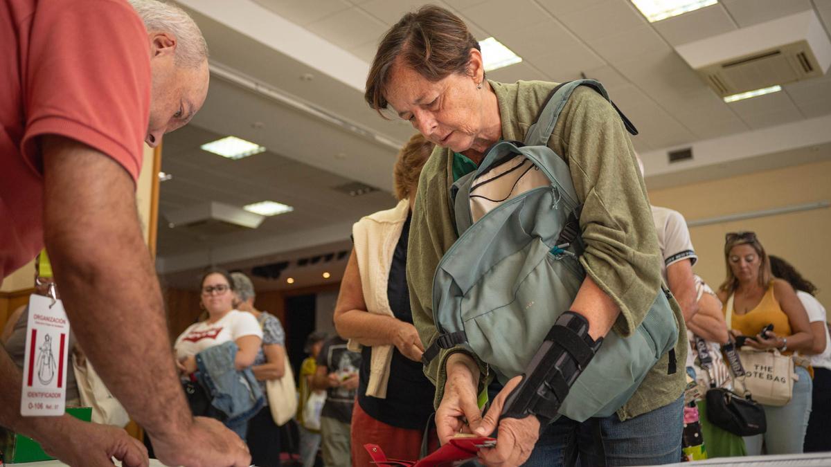 Una voluntaria recoge su acreditación en la visita de la Virgen de Candelaria en Santa Cruz el pasado octubre