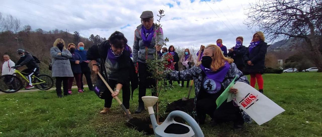 Por la izquierda, Rosa Prieto, Angelita Cueva y María Dolores Carús, en la plantación de la encima, ayer, en Sama. | M. Á. G.