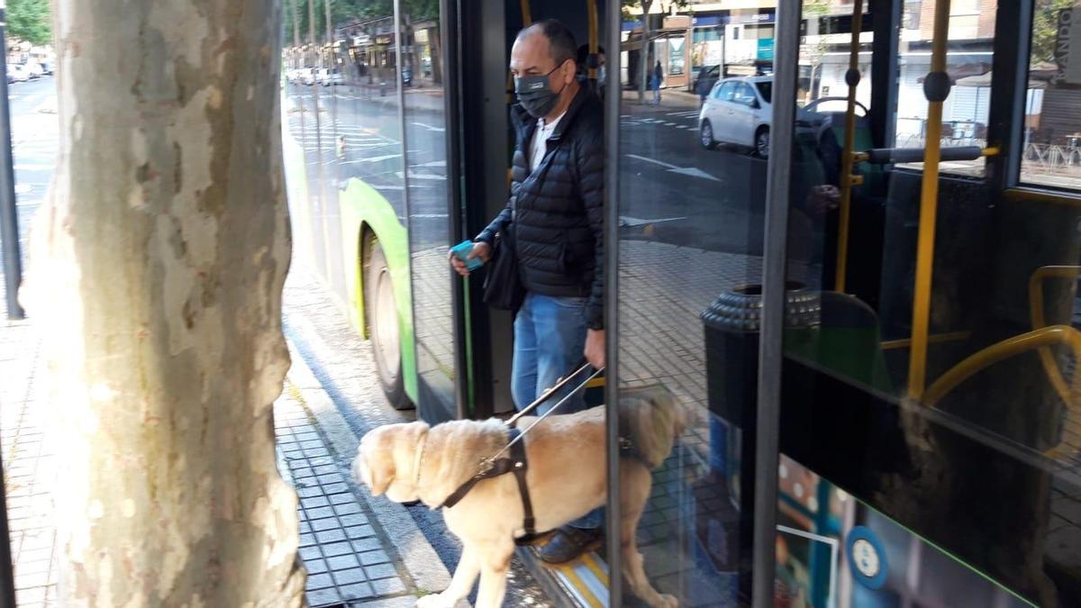 Carmelo Garrido baja de un autobús de Córdoba con su perro guía.