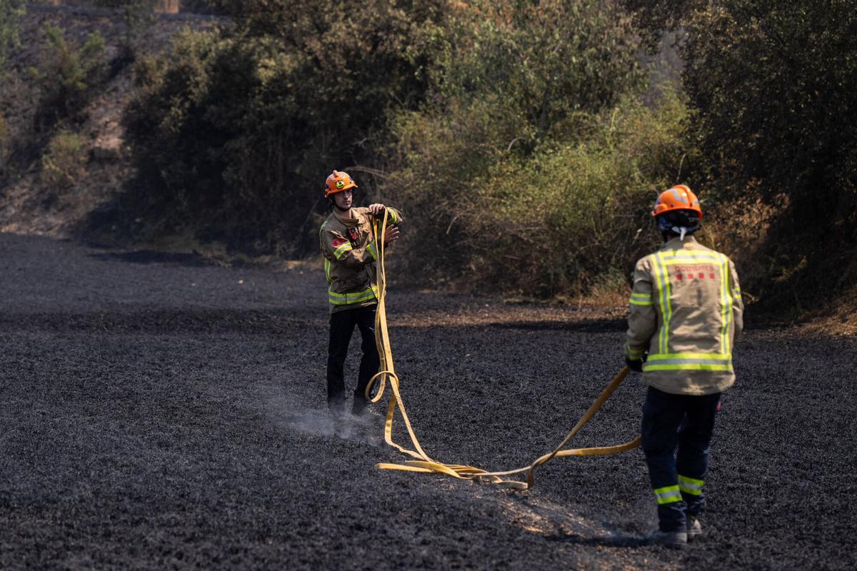 Bomberos combaten sin descanso los focos que reaparecen en Guardiola, Lleida, este 2 de julio de 2025. El incendio en la provincia ha dejado dos víctimas mortales y miles de personas evacuadas.