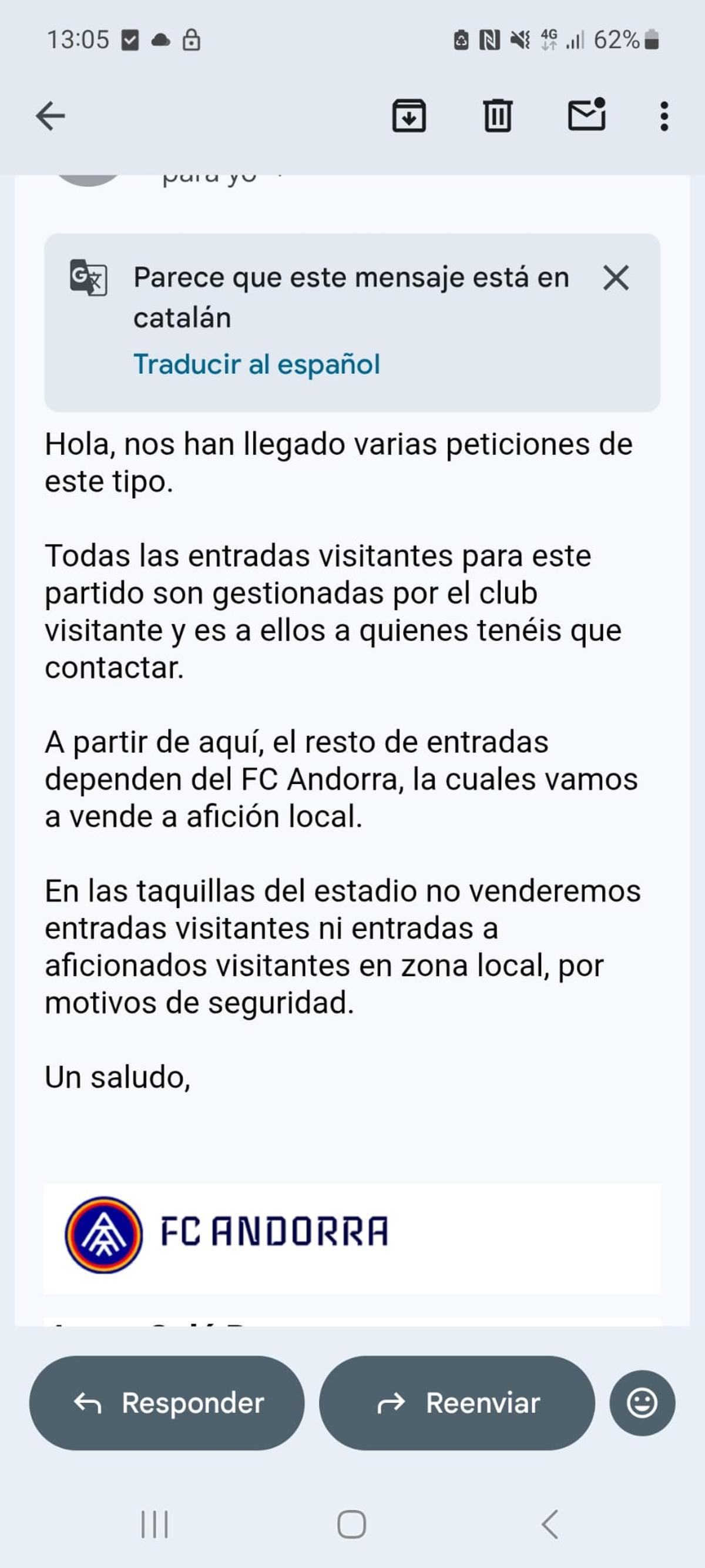 Correo enviado por el Andorra a los aficionados del Real Zaragoza.