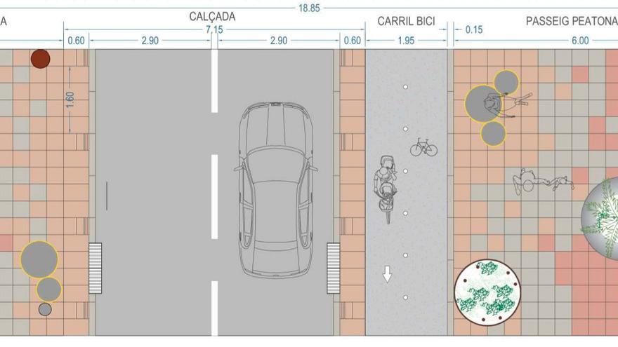 Perfil de la nueva calle, en el que aumenta el espacio de las aceras y se incorpora un carril para bicicletas.