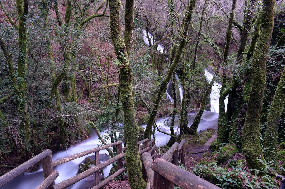 Así lucen con las crecidas las "fervenzas" de Parafita y Raxoi, en el río Valga.