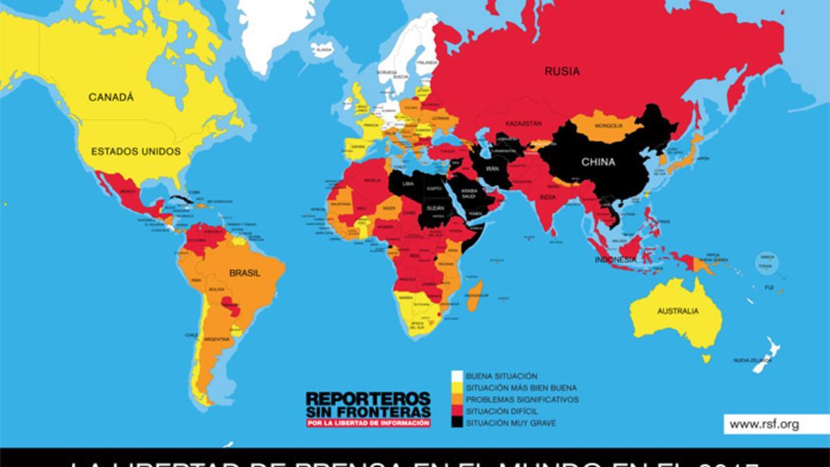 Mapa de la situación de la libertad de prensa en el mundo en 2017.