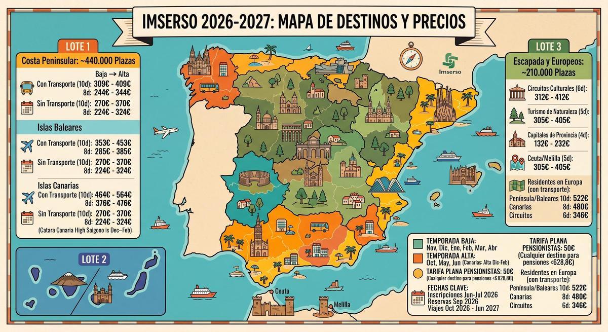 Mapa viajes Imserso y precios de la campaña 2026 2027