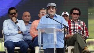 El líder de las FARC, Rodrigo Londoño, alias Timochenko, durante un acto el pasado 2 de julio en Buenavista, Colombia.