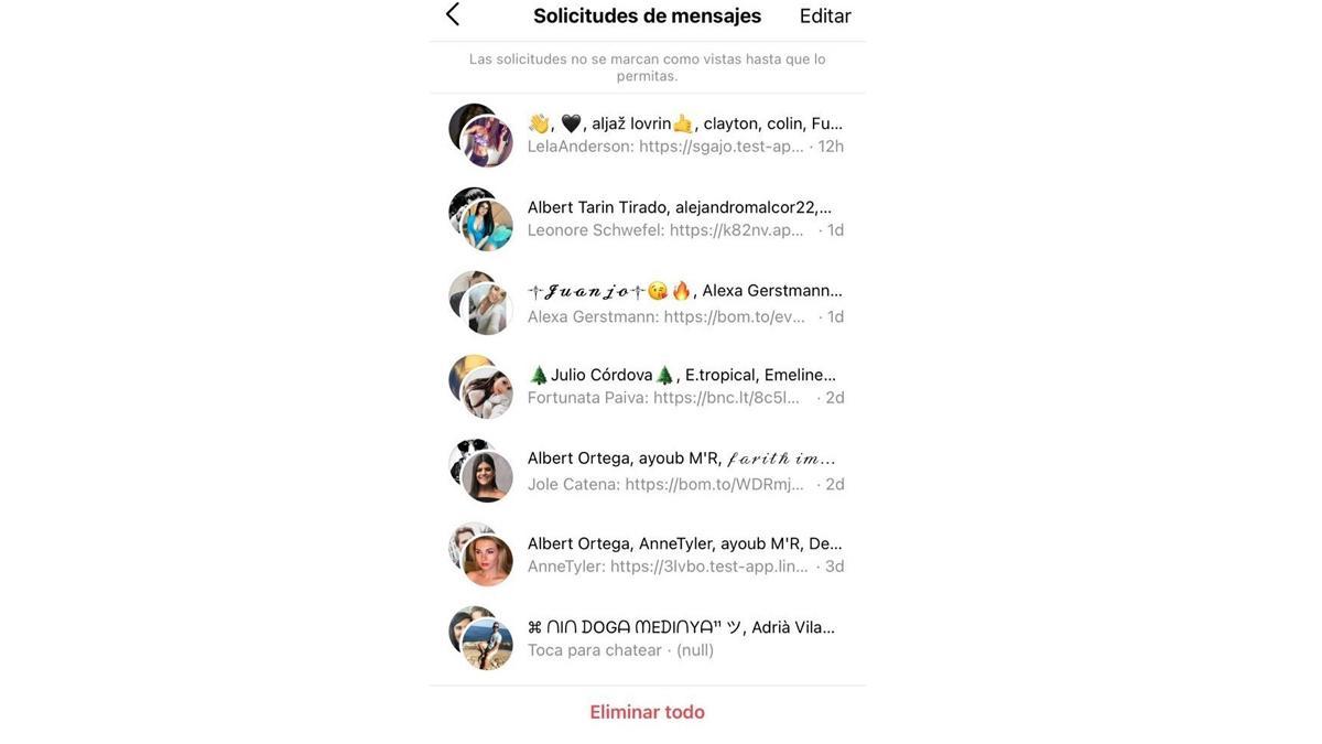 Captura de pantalla de mensajes de perfiles falsos de instagarm