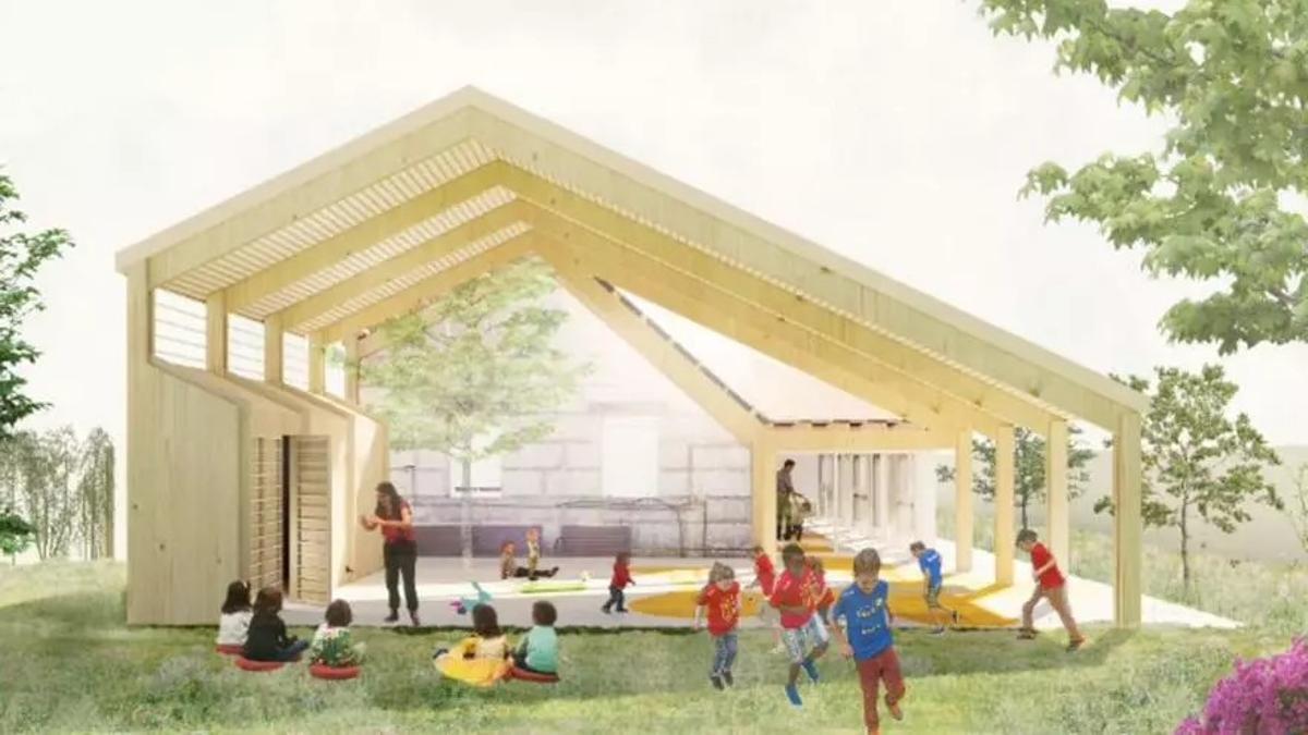 Infografía del patio cubierto del colegio de O Areal, en Sabarís, que sigue sin ejecutarse.