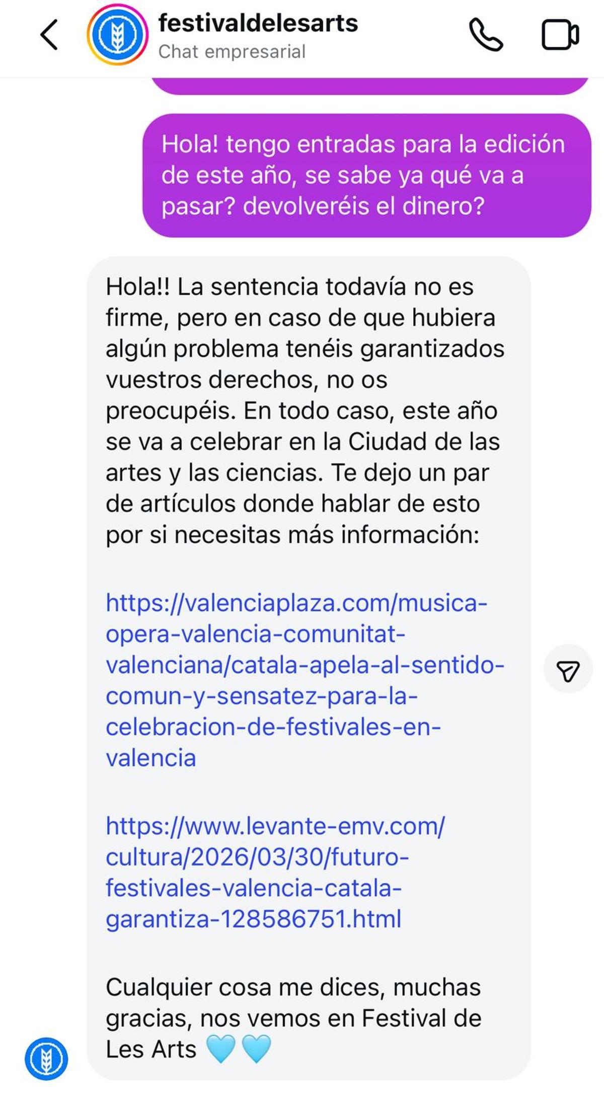 Mensaje de un comprador de abonos al Festival de les Arts y respuesta de la promotora.