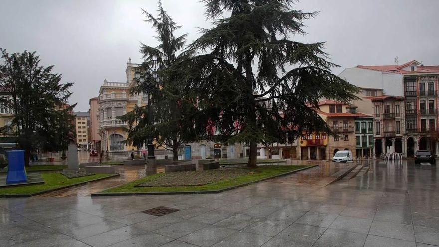 El Jardinín de la plaza de Álvarez Acebal, la composición paisajística que recrea Favila en la lámina.