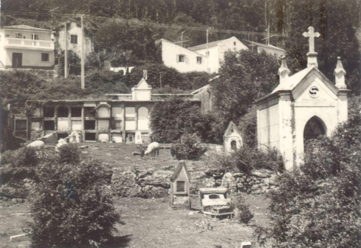 Una imagen de la década de 1960 del cementerio, ya en semiabandono, en el centro se puede ver a algunas ovejas pastando.