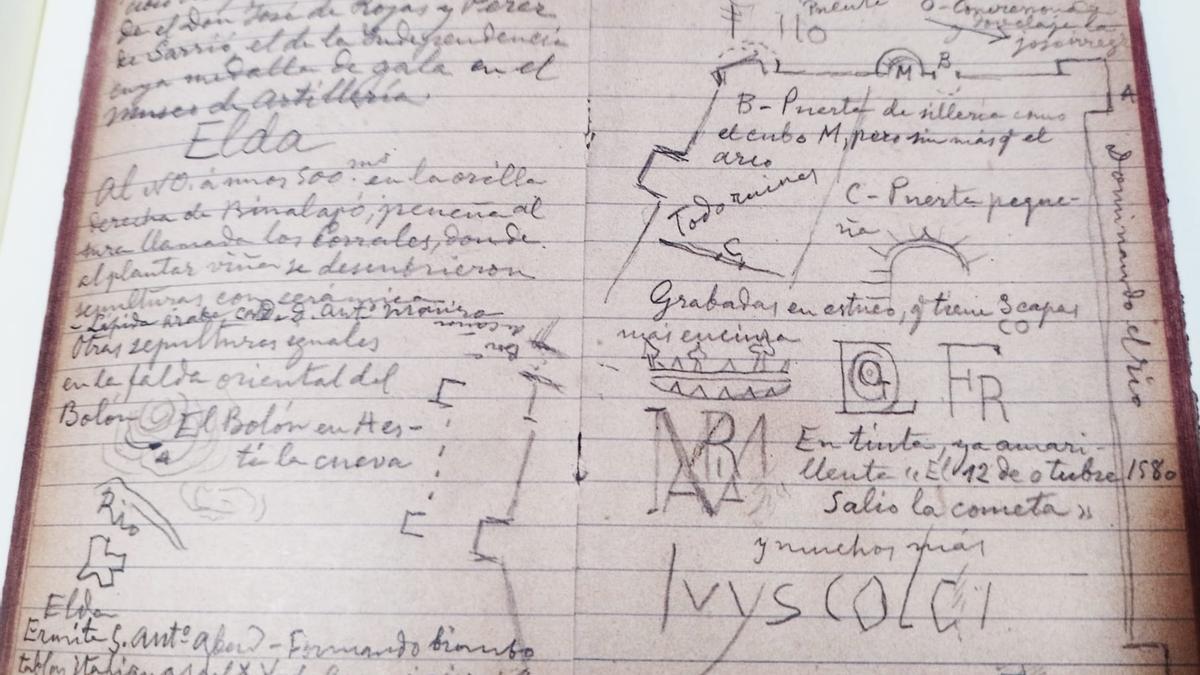 El cuaderno de González Simancas con algunas de sus anotaciones sobre el castillo de Elda.