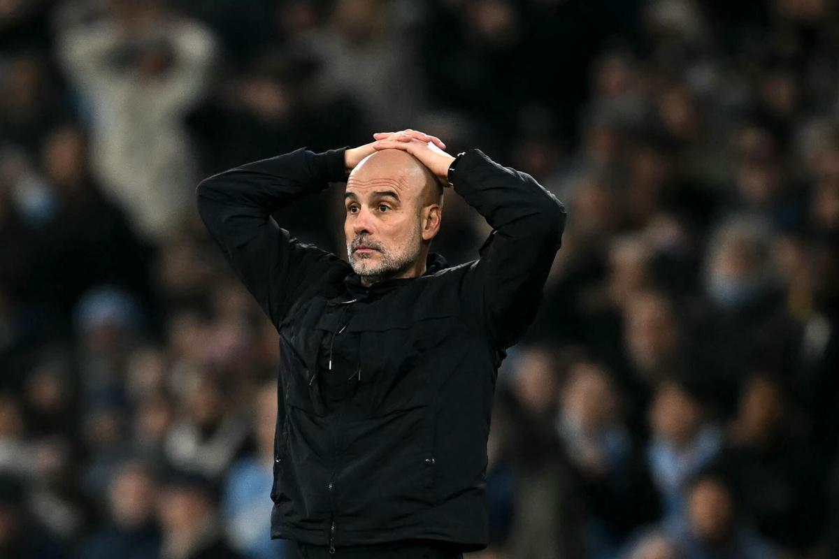 Manchester City's Spanish manager Pep Guardiola reacts during the English Premier League football match between Manchester City and Nottingham Forest at the Etihad Stadium in Manchester, north west England, on March 4, 2026. (Photo by Paul ELLIS / AFP) / RESTRICTED TO EDITORIAL USE. No use with unauthorized audio, video, data, fixture lists, club/league logos or 'live' services. Online in-match use limited to 120 images. An additional 40 images may be used in extra time. No video emulation. Social media in-match use limited to 120 images. An additional 40 images may be used in extra time. No use in betting publications, games or single club/league/player publications. /. SEE CAPTION FOR MORE INFORMATION / RESTRICTED TO EDITORIAL USE. No use with unauthorized audio, video, data, fixture lists, club/league logos or 'live' services. Online in-match use limited to 120 images. An additional 40 images may be used in extra time
