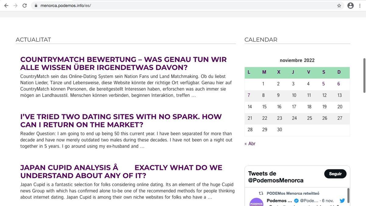 Imagen de la web de Podemos Menorca, con noticias ajenas a la formación sobre portales de citas.