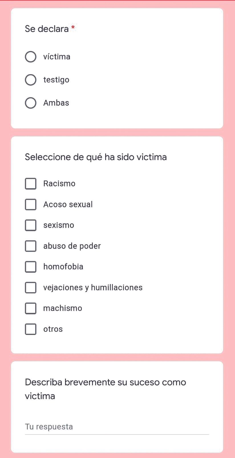 «Víctima, testigo o ambas»: la encuesta promete «confidencialidad» y se dirige a «víctimas, testigos o ambos».