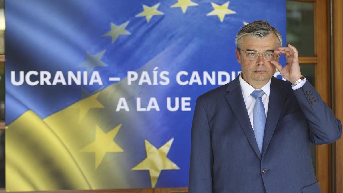 El embajador de Ucrania en España, Serhii Pohoreltsev, en una rueda de prensa.