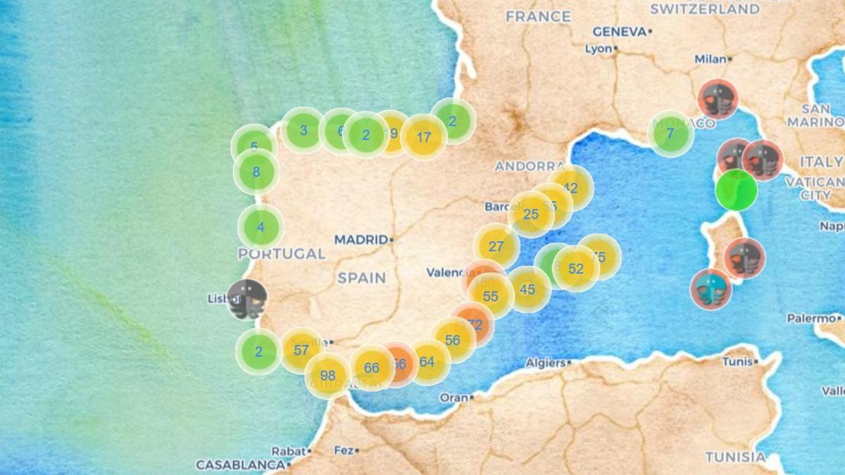 Mapa de las playas de España con presencia de medusas.
