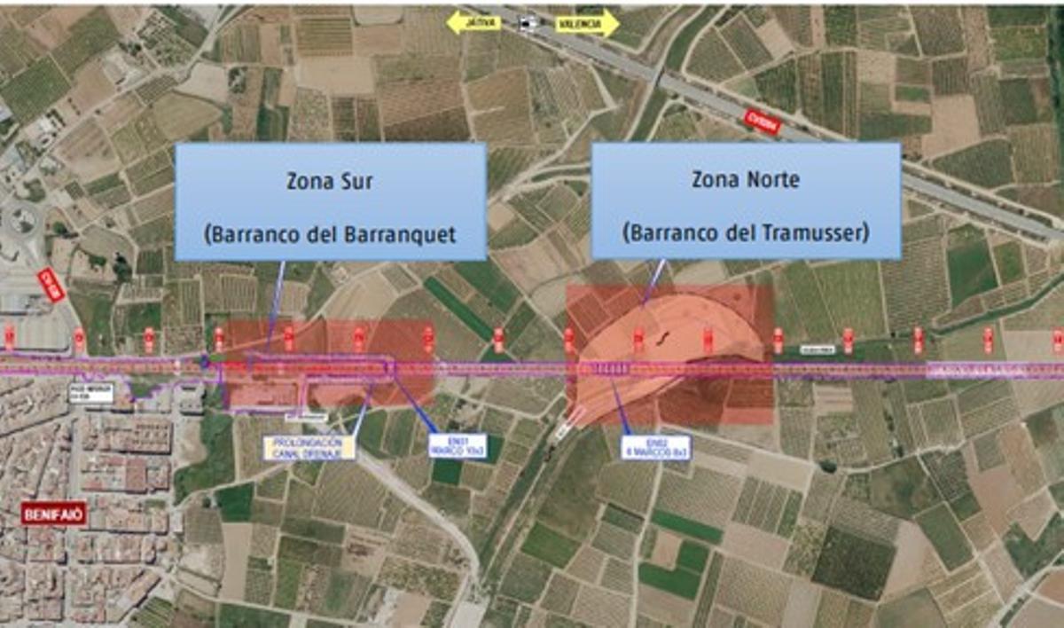 Localización de las dos actuaciones licitadas por el ministerio para evitar inundaciones y reforzar la plataforma ferroviaria.