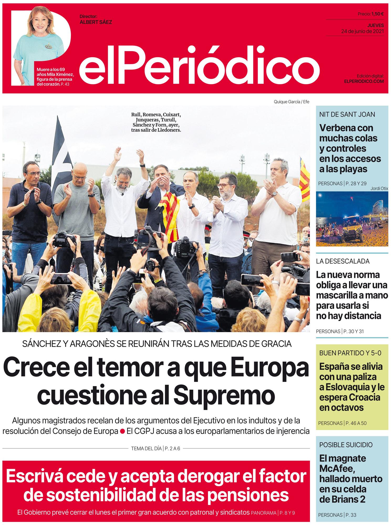 La portada de EL PERIÓDICO del 24 de junio de 2021