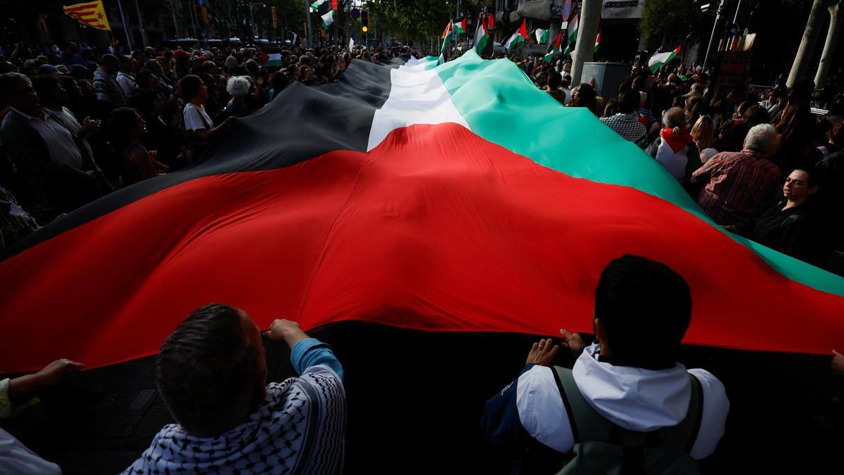 Una bandera palestina en una protesta en Barcelona, el 27 de mayo del 2024 Una bandera palestina en una protesta en Barcelona, el 27 de mayo del 2024