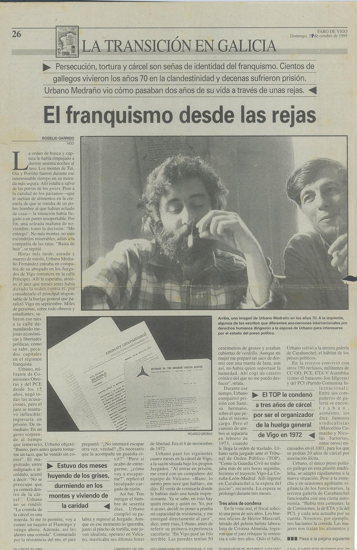 Primera parte de la doble página del artículo sobre Urbano Medraño publicado en 1995 en Faro de Vigo.