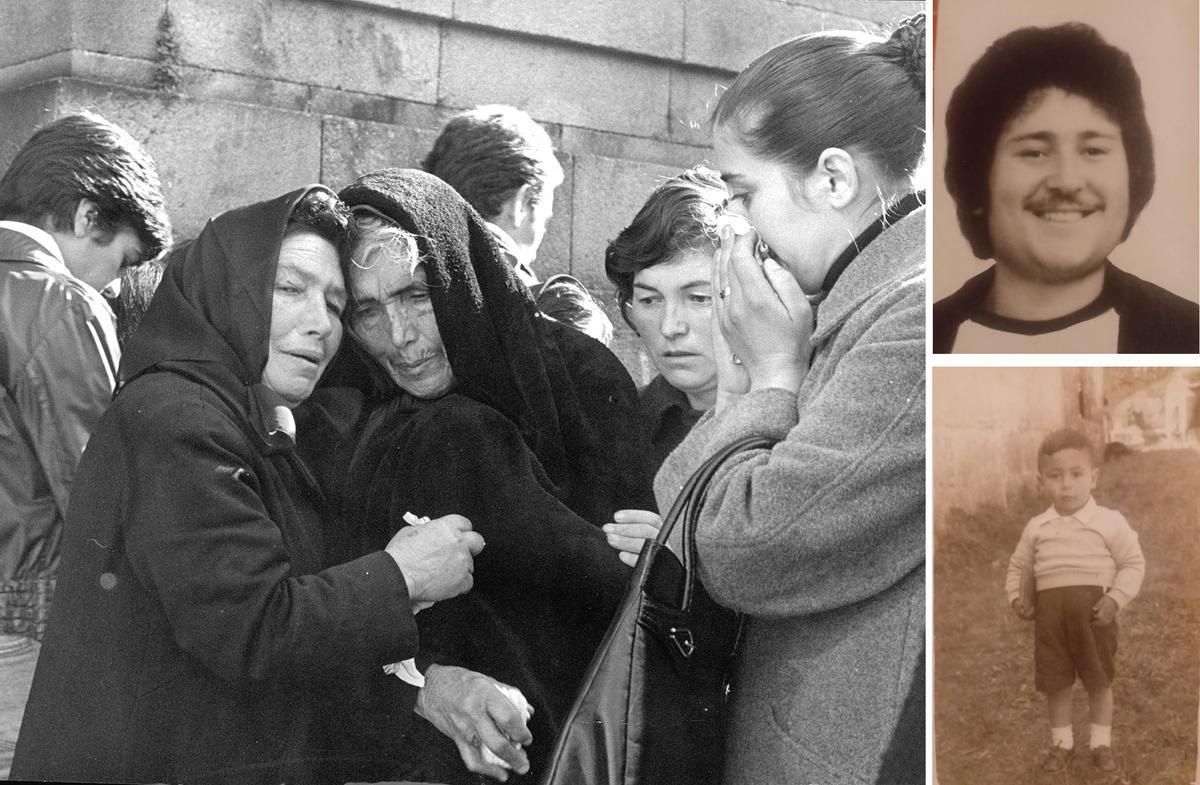 Braulia, Adolfina, Hermosinda y Ana, en el funeral por los fallecidos. En los recuadros, Adolfo y Manuel, nietos de la segunda