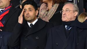 El presidente del Real Madrid, Florentino Pérez, y el del París Saint Germain, Nasser Al-Khelaifi, en un partido en 2018.