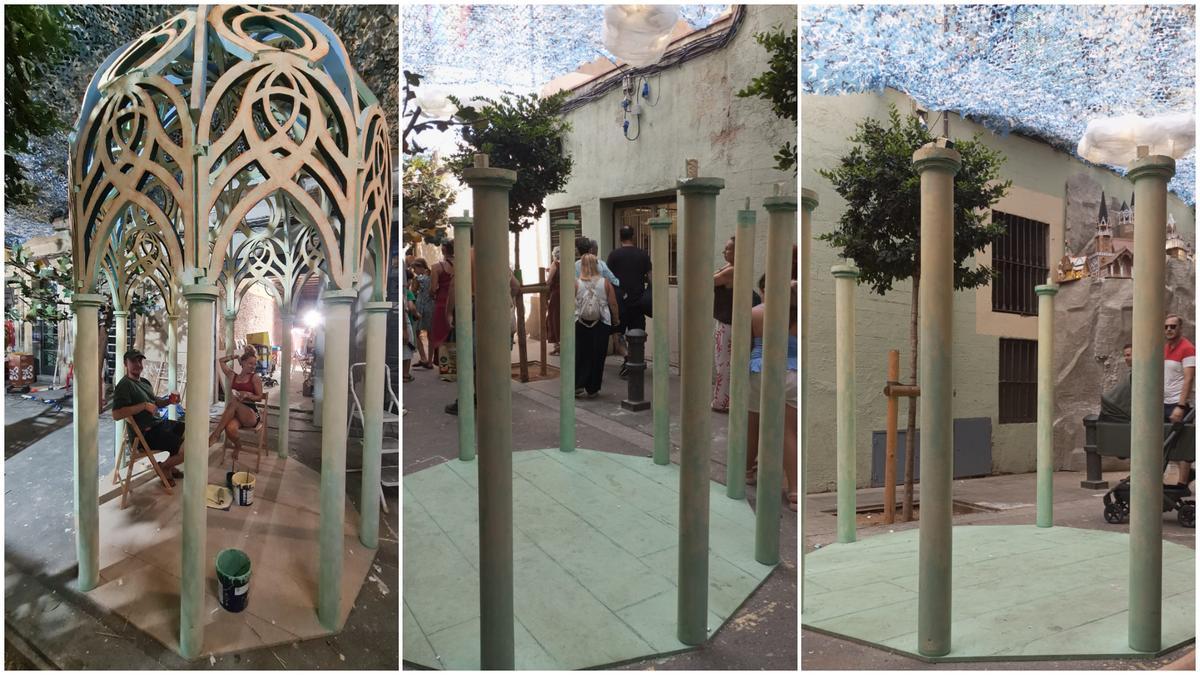 La glorieta de Rivendel en la calle Tordera, antes y después de los daños estas fiestas de Gràcia 2026