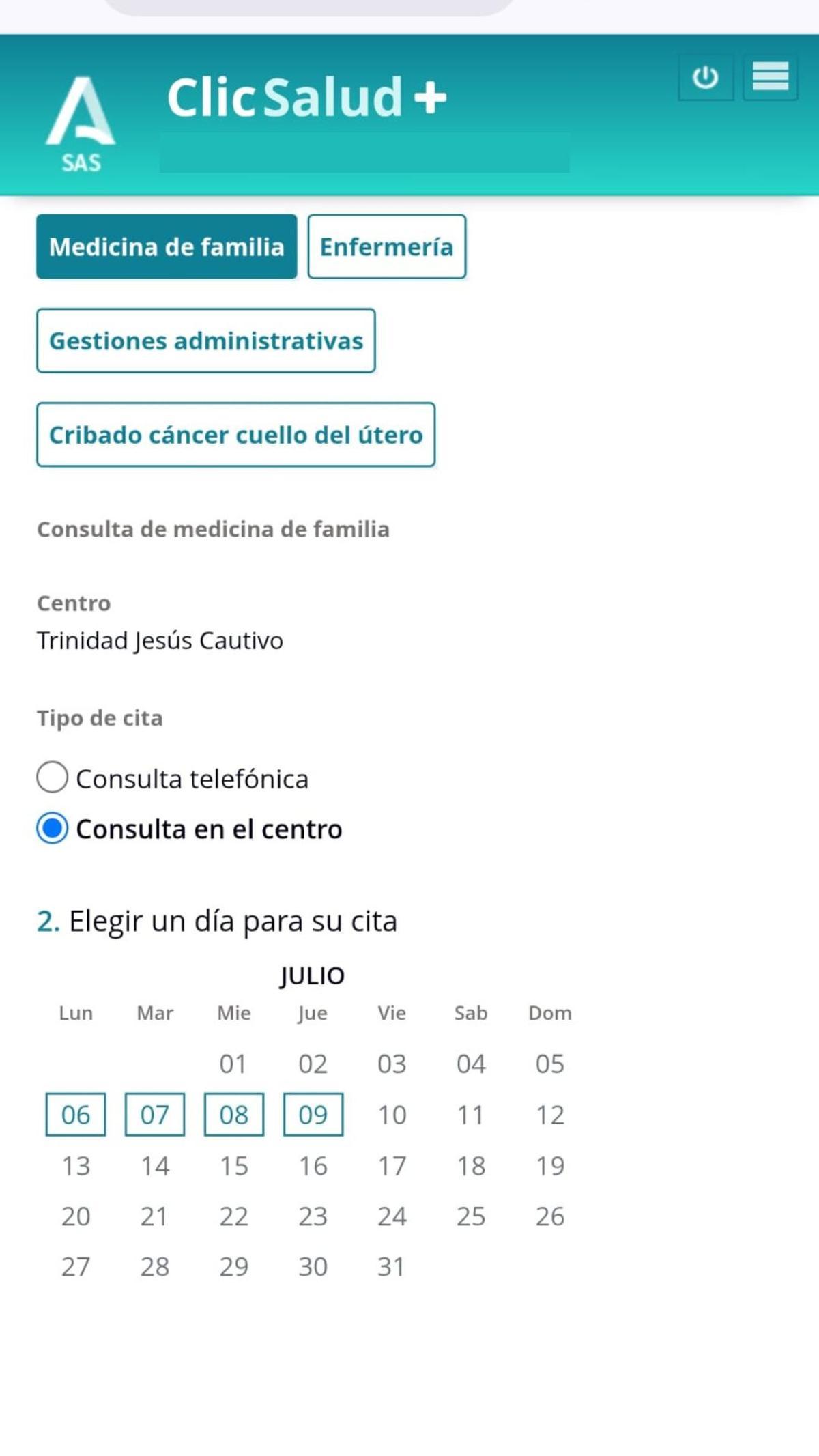 Petición de cita en el centro de salud Trinidad realizada el 19 de junio de 2026, que no ofrece disponibilidad hasta el 6 de julio.