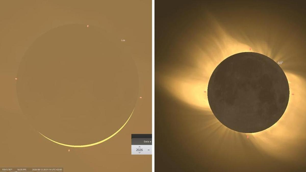 Simulación del programa Stellarium Astronomy Software que muestra cómo se verá el eclipse desde Vigo (izquierda) y en los lugares de Galicia donde será total (derecha).