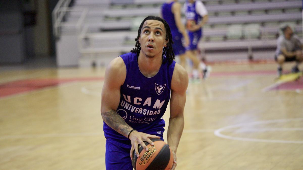 Travis Trice, base del UCAM Murcia CB, durante un entrenamiento en el Palacio.