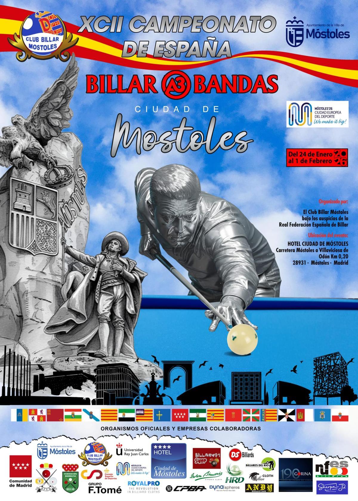 Cartel del campeonato de España de billar a tres bandas con 165 jugadores.